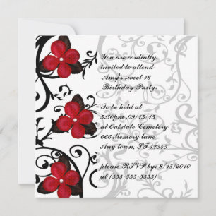 Red Flowers Gothic Sweet 16 Birthday Invites Kaart
