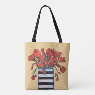 Red Flowers met Striped Vase Fine Art Draagtas