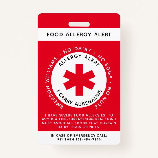 Red Food Allergy Alert Child ID Badge (Voorkant)