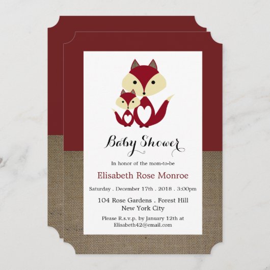 Red Fox Burlap Baby shower Kaart (Voorkant / Achterkant)