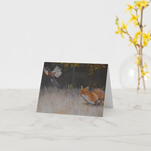 Red Fox en Pheasant Herfst Art Note Kaart (Gele Bloem)