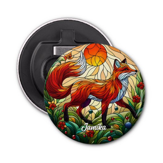 Red Fox en Sun Button Flesopener (Voorkant)