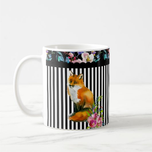 Red Fox Floral & Stripe Design Coffee Cup Mok (Links)