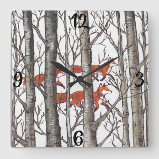 Red Fox Foxes Gray Winter Forest Clock Vierkante Klok (Voorkant)