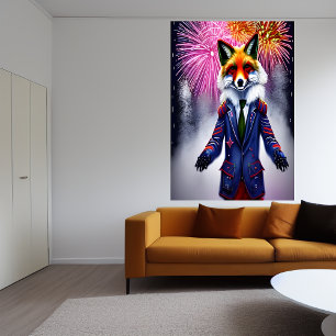 Red Fox in uniform en vuurwerk   AI Art Poster