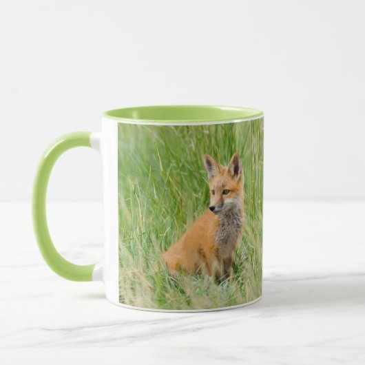 Red Fox Kit in gras nabij den den Mok (Links)