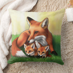 Red Fox Moeder en Kits in Grass Kussen