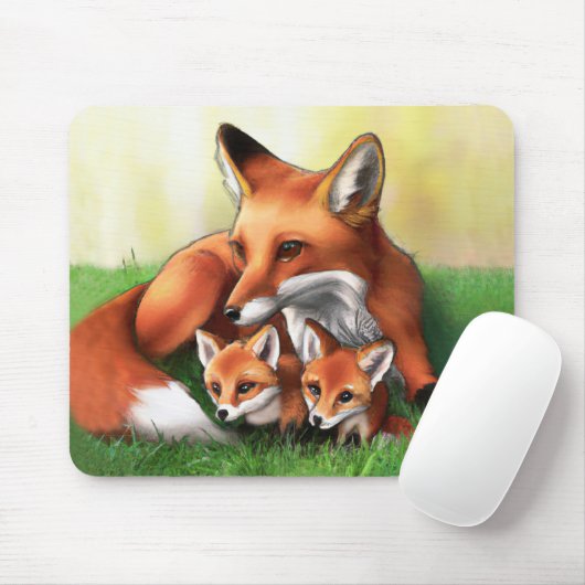 Red Fox Moeder en Kits in Grass Muismat (Met muis)