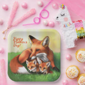 Red Fox Moeder en Kits in Grass Papieren Bordje (Feest)