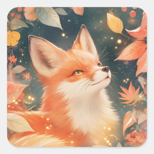 Red Fox Peeking Through Glowing Autumn Leaves Vierkante Sticker (Voorkant)