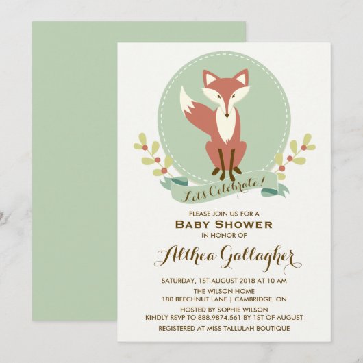 Red Fox Portrait Floral Baby shower Invitation (Devant / Derrière)