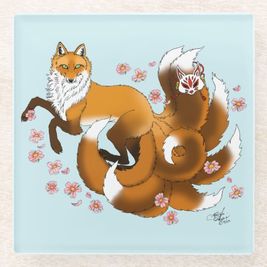 Red Fox Tails Kitsune Kasai Glazen Onderzetter (Voorkant)