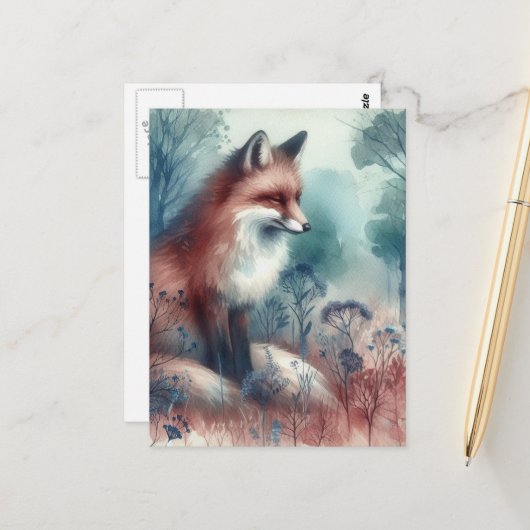 Red Fox Watercolor Briefkaart (Voorkant / Achterkant in situ)