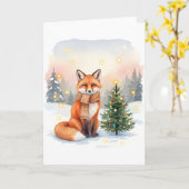 Red Fox with Brown Scarf and Christmas Tree Kaart (Gele Bloem)