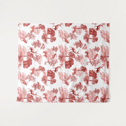 Red French Toile Deer Fox Forest Pattern Wandkleed (Voorkant (horizontaal))