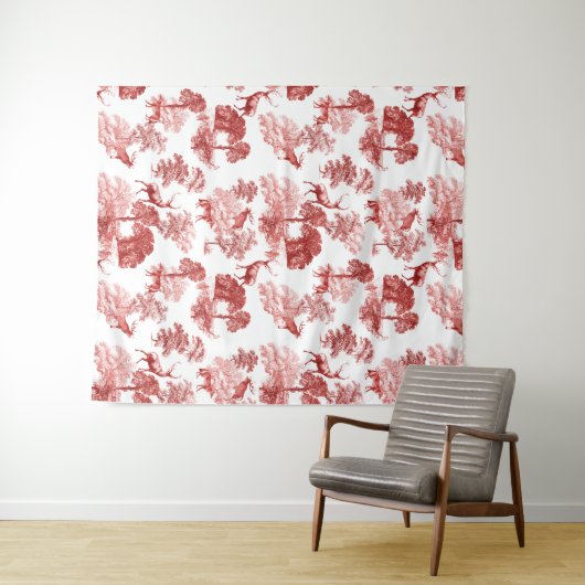 Red French Toile Deer Fox Forest Pattern Wandkleed (In Situ (horizontaal))