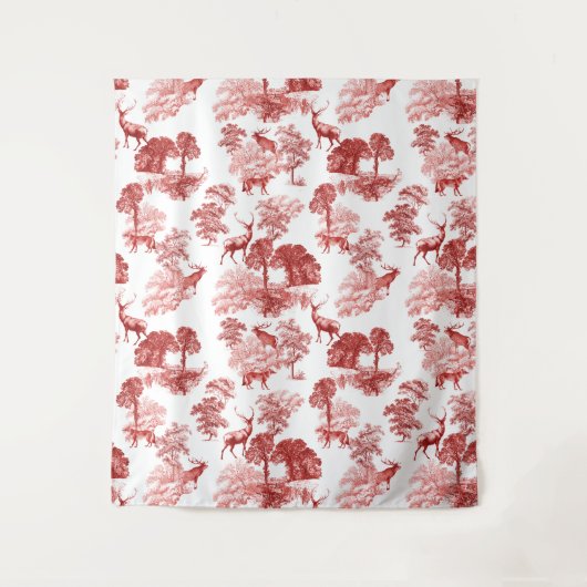 Red French Toile Deer Fox Forest Pattern Wandkleed (Voorkant)