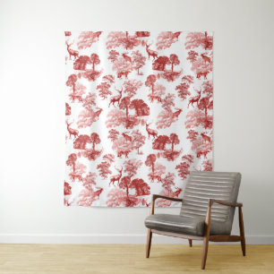 Red French Toile Deer Fox Forêt Tapisserie Motif