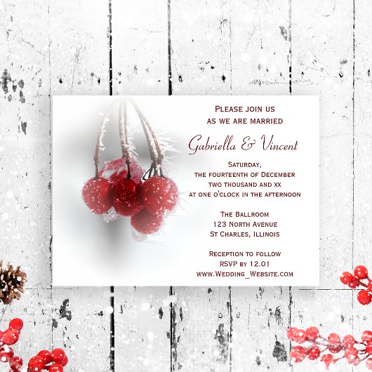 Red Frosty Berries Winter Wedding Invitation Kaart