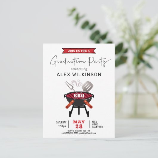 Red Fun Script Simple Graduation BBQ Invitation (Debout devant)