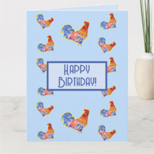 Red Funny Rooster Cochmak Blue Birthday Card Kaart