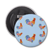 Red Funny Rooster Cocrek Blue and White Spots Button Flesopener (Voorkant)