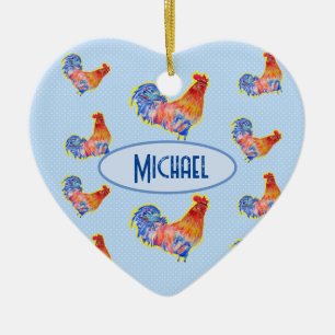 Red Funny Rooster Cocrek Blue and White Spots C Keramisch Ornament