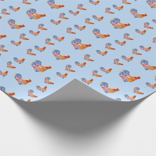Red Funny Rooster Cocrek Blue and White Spots Cadeaupapier (Hoek)