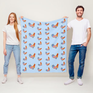 Red Funny Rooster Cocrek Blue and White Spots Fleece Deken