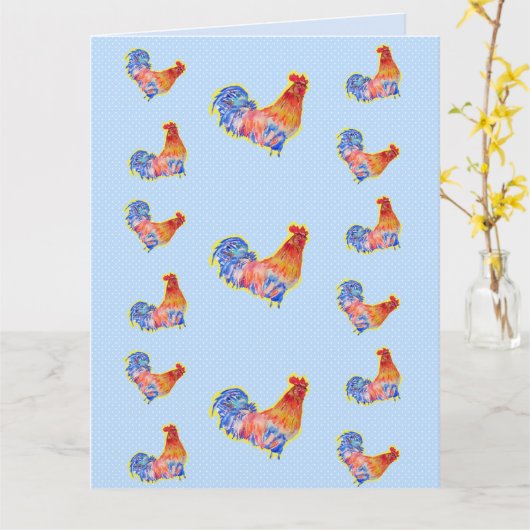 Red Funny Rooster Cocrek Blue and White Spots Kaart (Gele Bloem)