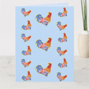 Red Funny Rooster Cocrek Blue and White Spots Kaart