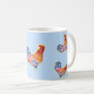 Red Funny Rooster Cocrek Blue and White Spots Koffiemok