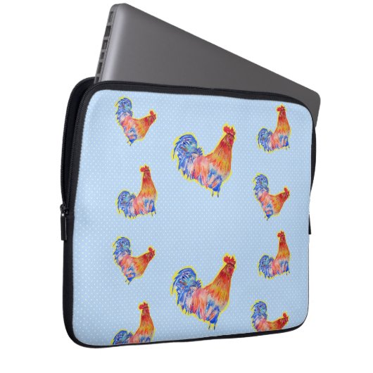 Red Funny Rooster Cocrek Blue and White Spots Laptop Sleeve (Voorkant Rechts)