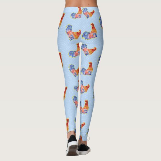 Red Funny Rooster Cocrek Blue and White Spots Leggings (Achterkant)