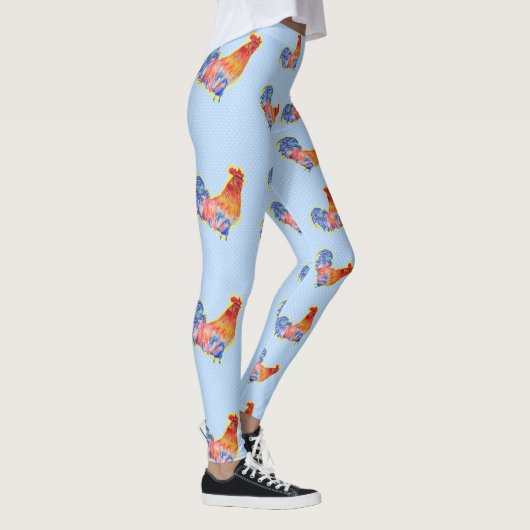 Red Funny Rooster Cocrek Blue and White Spots Leggings (Rechts)