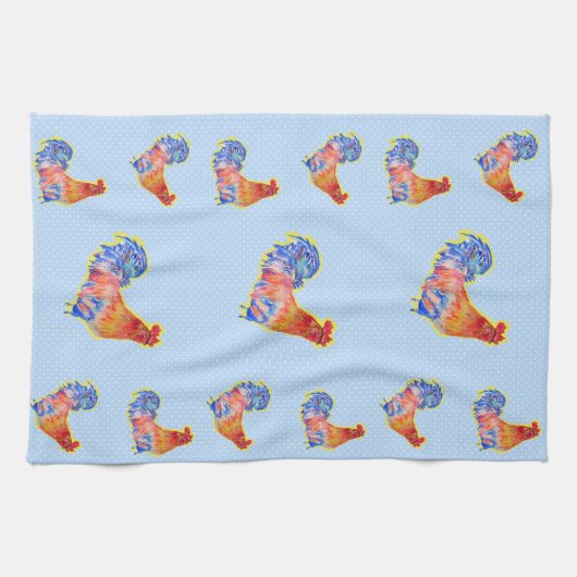 Red Funny Rooster Cocrek Blue and White Spots Theedoek (Horizontaal)