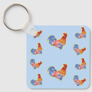 Red Funny Rooster Cocrek Blue and White Spots Tr Sleutelhanger