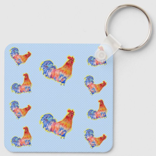 Red Funny Rooster Cocrek Blue and White Spots Tr Sleutelhanger (Achterkant)