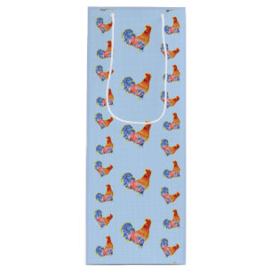 Red Funny Rooster Cocrek Blue and White Spots Wijn Cadeautas