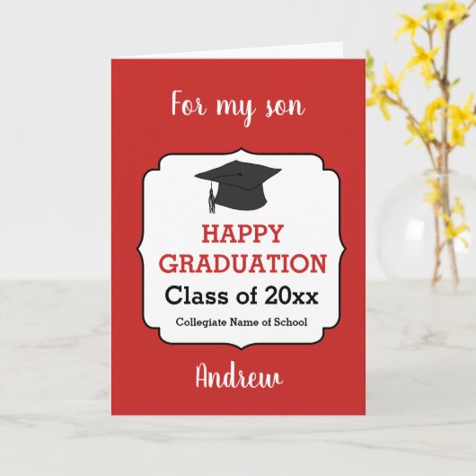 Red Gefeliciteerd Son Afstuderen Kaart (Gele Bloem)