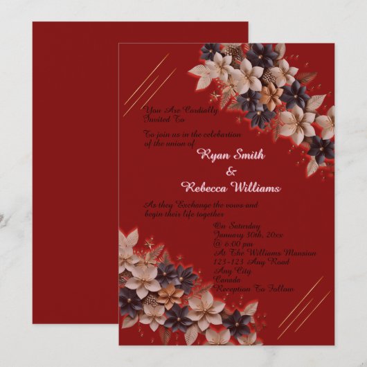 Red Geometric Floral Wedding Invitation (Devant / Derrière)