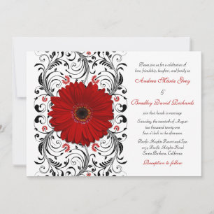 Red Gerber Daisy Black Floral Faire-part de mariag