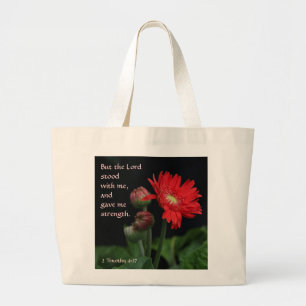 Red Gerbera Daisy Bible Verse over de kracht van G Grote Tote Bag