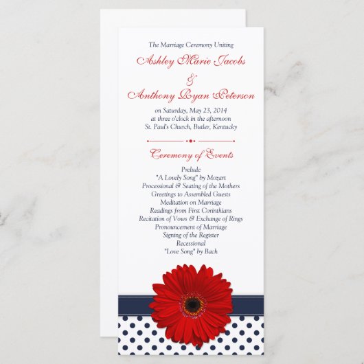 Red Gerbera Daisy Navy Polka Dot Wedding Program Programma (Voorkant / Achterkant)