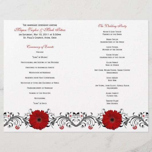 Red Gerbera Daisy Programme de mariage floral (Dos)