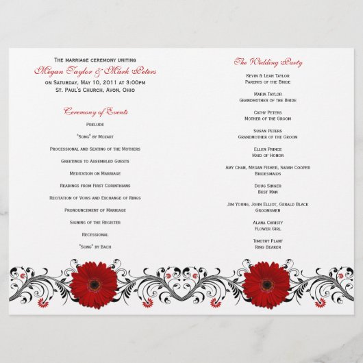 Red Gerbera Daisy Programme de mariage floral (Dos)