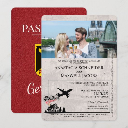 Red Germany Passport Wedding Invitation Kaart (Voorkant / Achterkant)