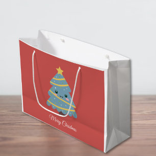 Red Gift Bag met Kawaii-kerstboom Groot Cadeauzakje