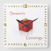 Red Gift Box Season's Greetings Clock Vierkante Klok (Voorkant)