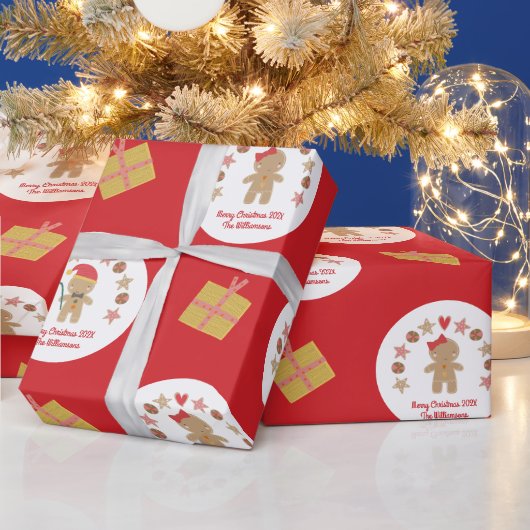 Red Gingerbread Cookie Script Aangepaste naam Scha Cadeaupapier (Feestdagen)